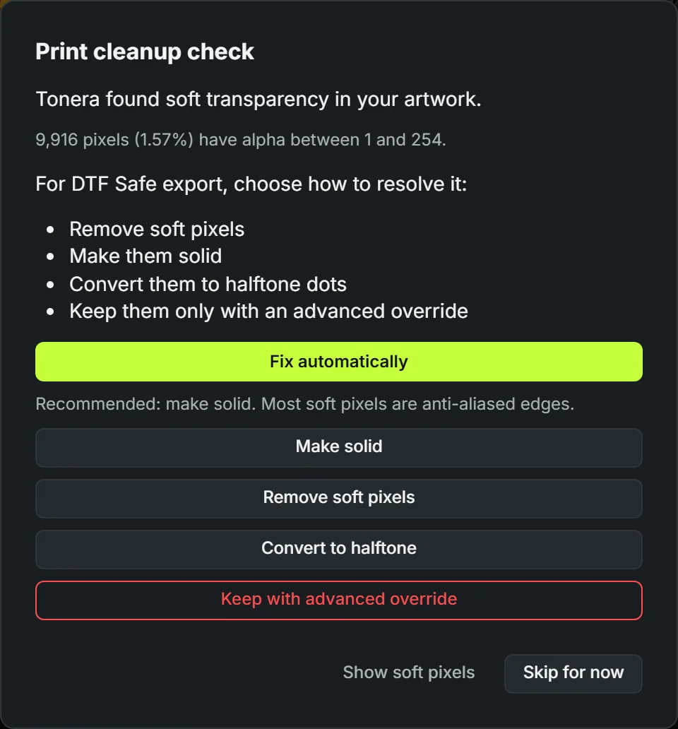 The print cleanup check dialog with Fix automatically and other options.