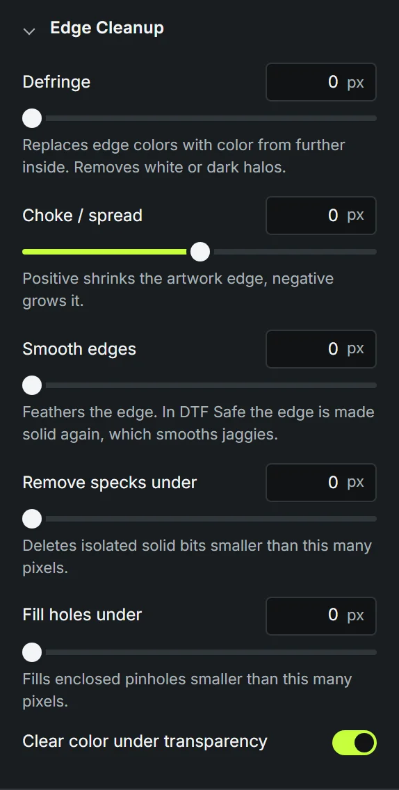 The Edge Cleanup panel with defringe, choke, smoothing, speck and hole settings.