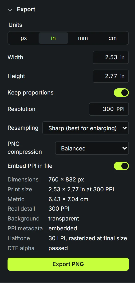 The Export panel with size, resolution, resampling and compression settings.