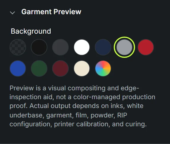 The Garment Preview panel with checkerboard and shirt color swatches.