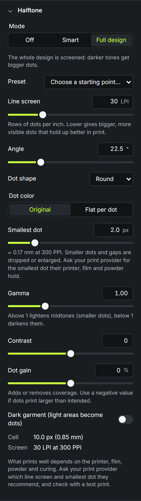 The Halftone panel with mode, preset, line screen, angle, dot shape and tone settings.