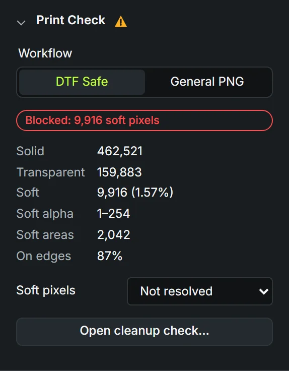 The Print Check panel showing the workflow, pixel counts and the soft pixel fix.