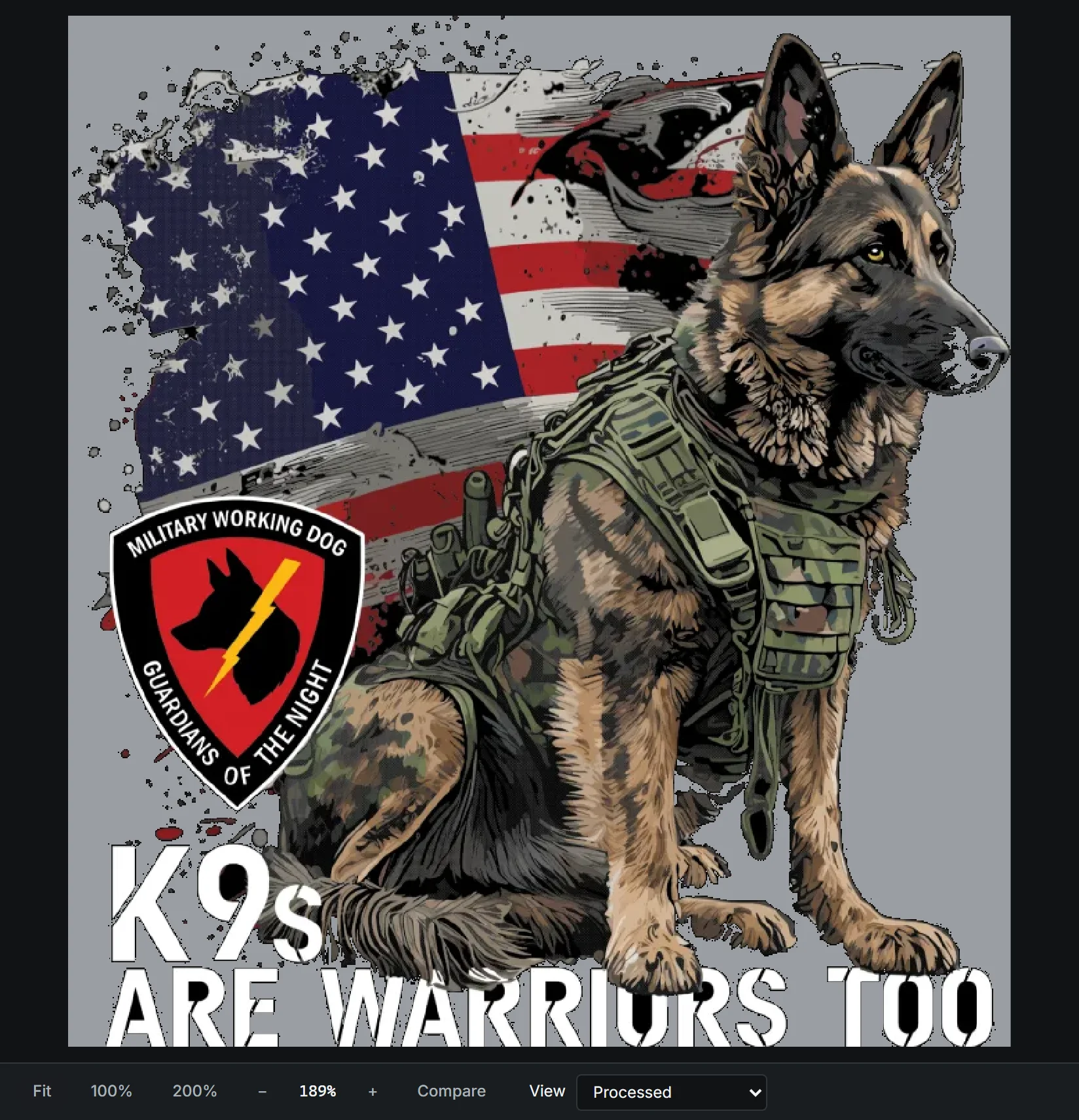 The knocked-out dog design previewed on a heather gray shirt.