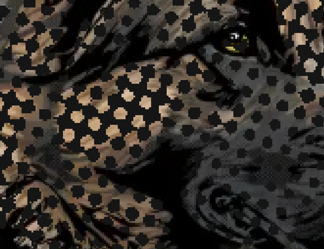 Close-up of the dog’s eye and fur turned into halftone dots.