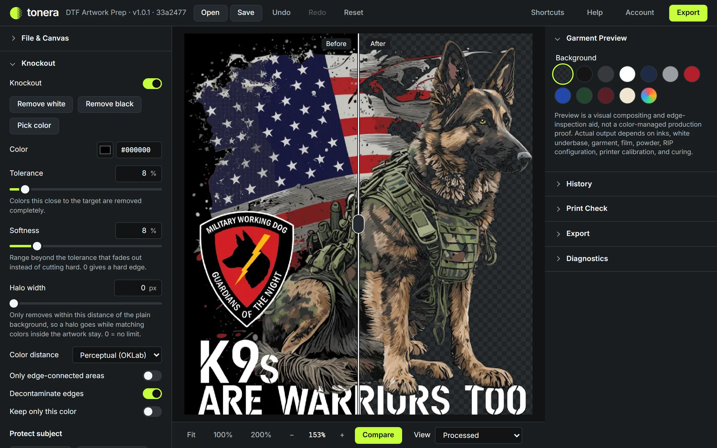 The editor comparing a military working dog design on its black background with the knocked-out result on a transparency checkerboard.